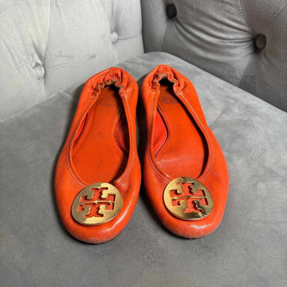 Tory Burch Minnie Travel‎ Ballet Flats Orange Leather Gold Logo – Women’s Size